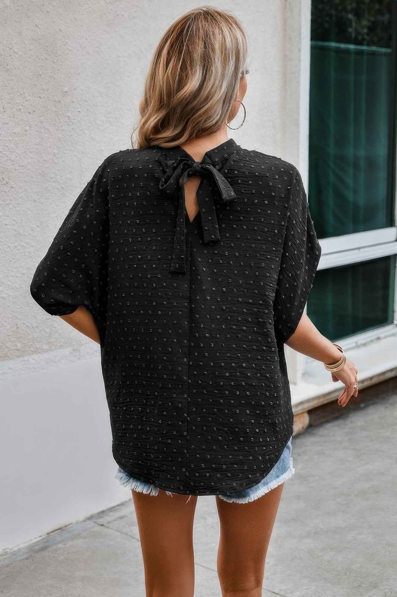 Solid Swiss Dot Mock Neck Drop Shoulder Blouse