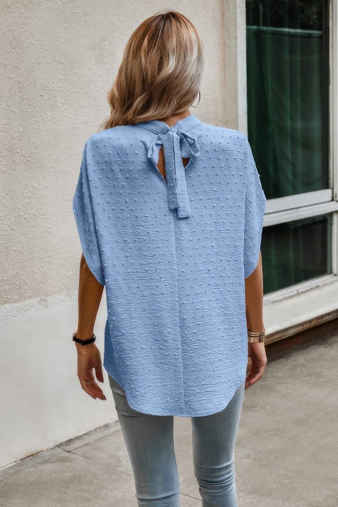 Solid Swiss Dot Mock Neck Drop Shoulder Blouse