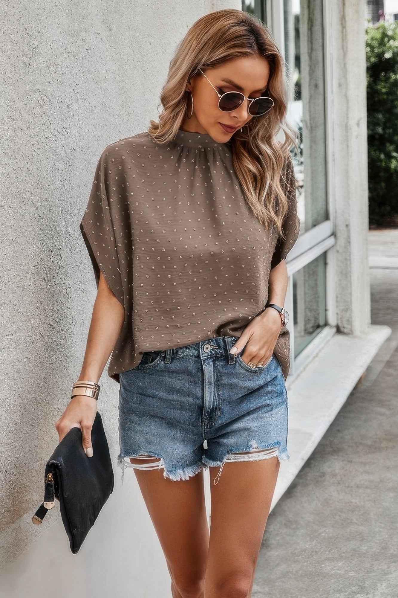 Solid Swiss Dot Mock Neck Drop Shoulder Blouse