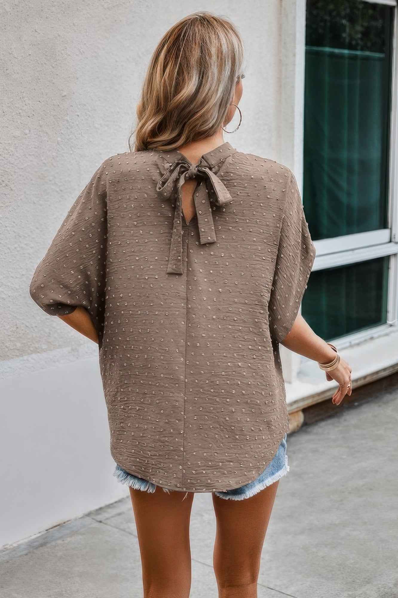 Solid Swiss Dot Mock Neck Drop Shoulder Blouse