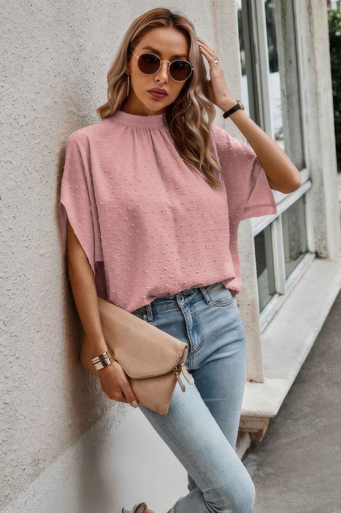 Solid Swiss Dot Mock Neck Drop Shoulder Blouse