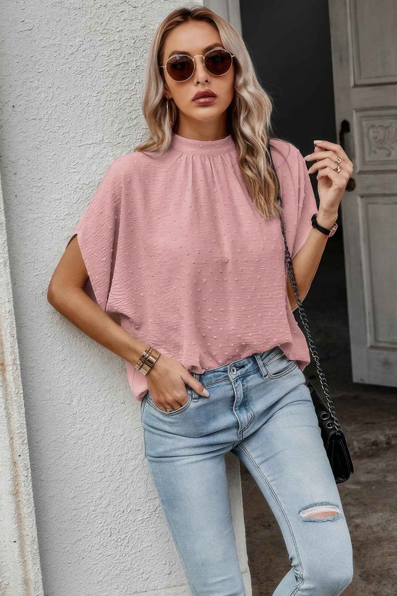 Solid Swiss Dot Mock Neck Drop Shoulder Blouse