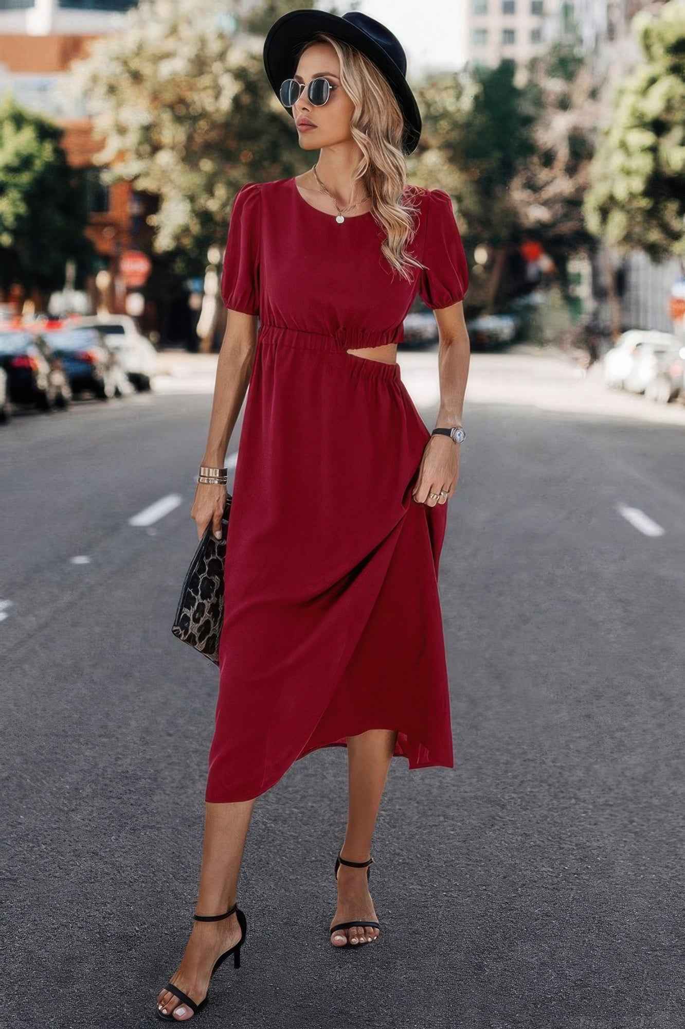 Solid Round Neck Cutout Waist A Line Midi Dress