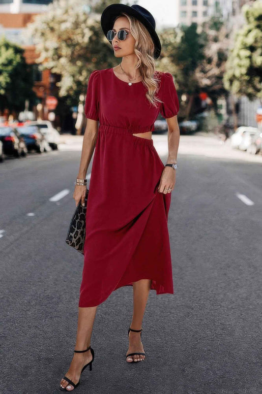 Solid Round Neck Cutout Waist A Line Midi Dress