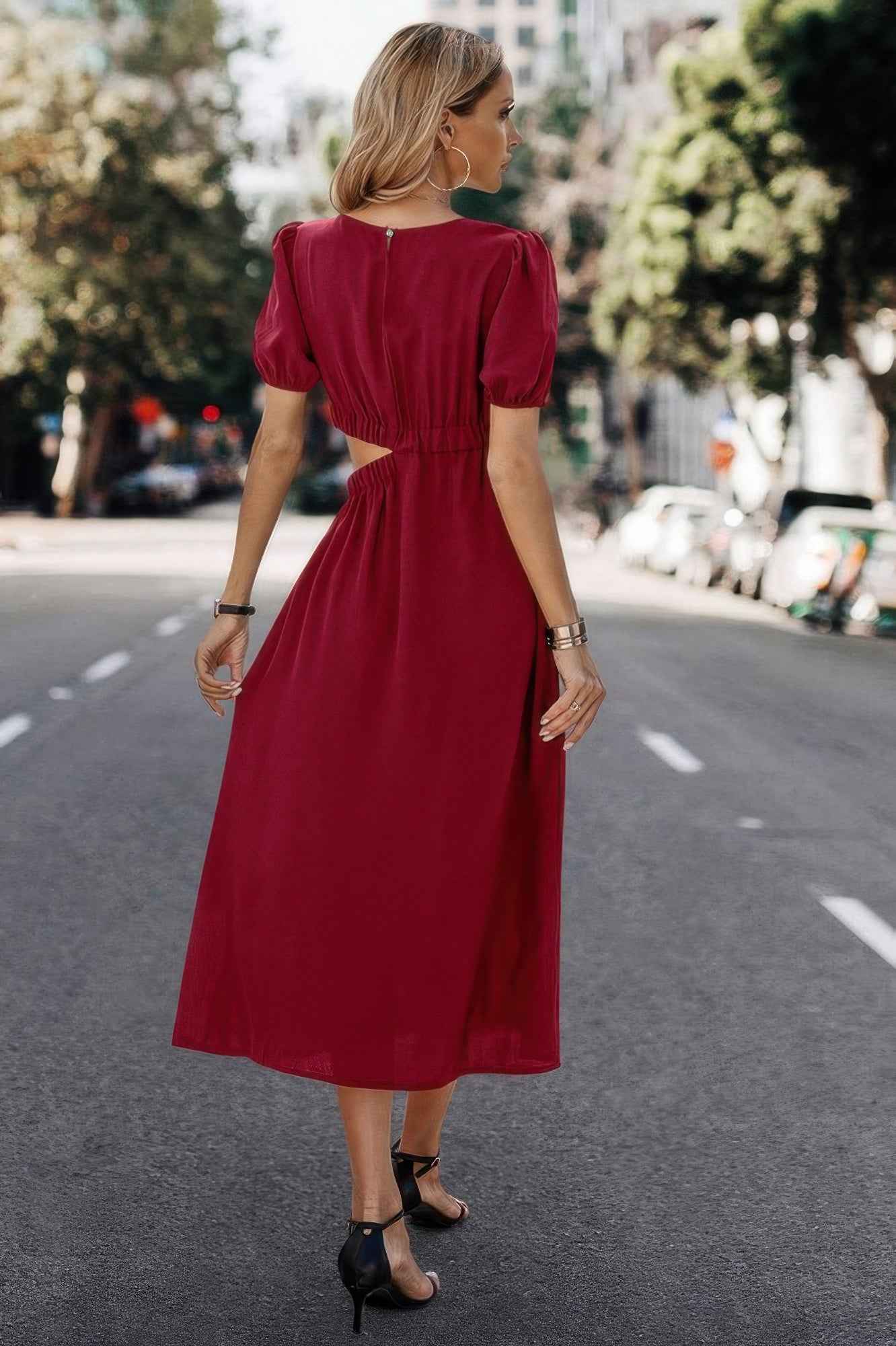 Solid Round Neck Cutout Waist A Line Midi Dress