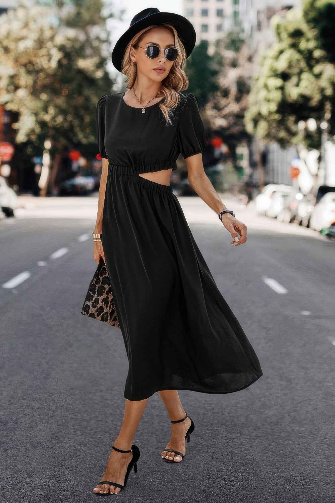 Solid Round Neck Cutout Waist A Line Midi Dress