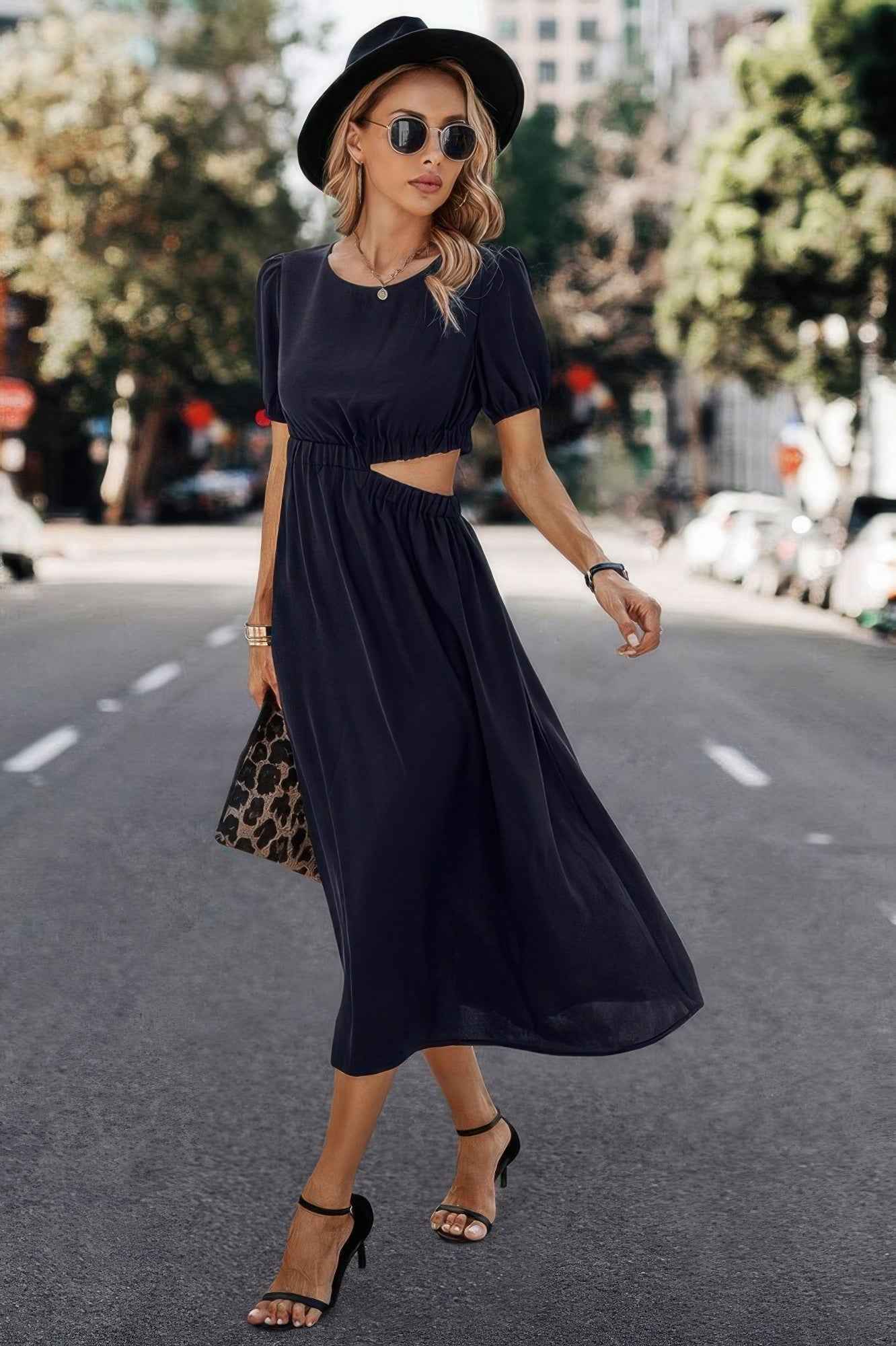 Solid Round Neck Cutout Waist A Line Midi Dress