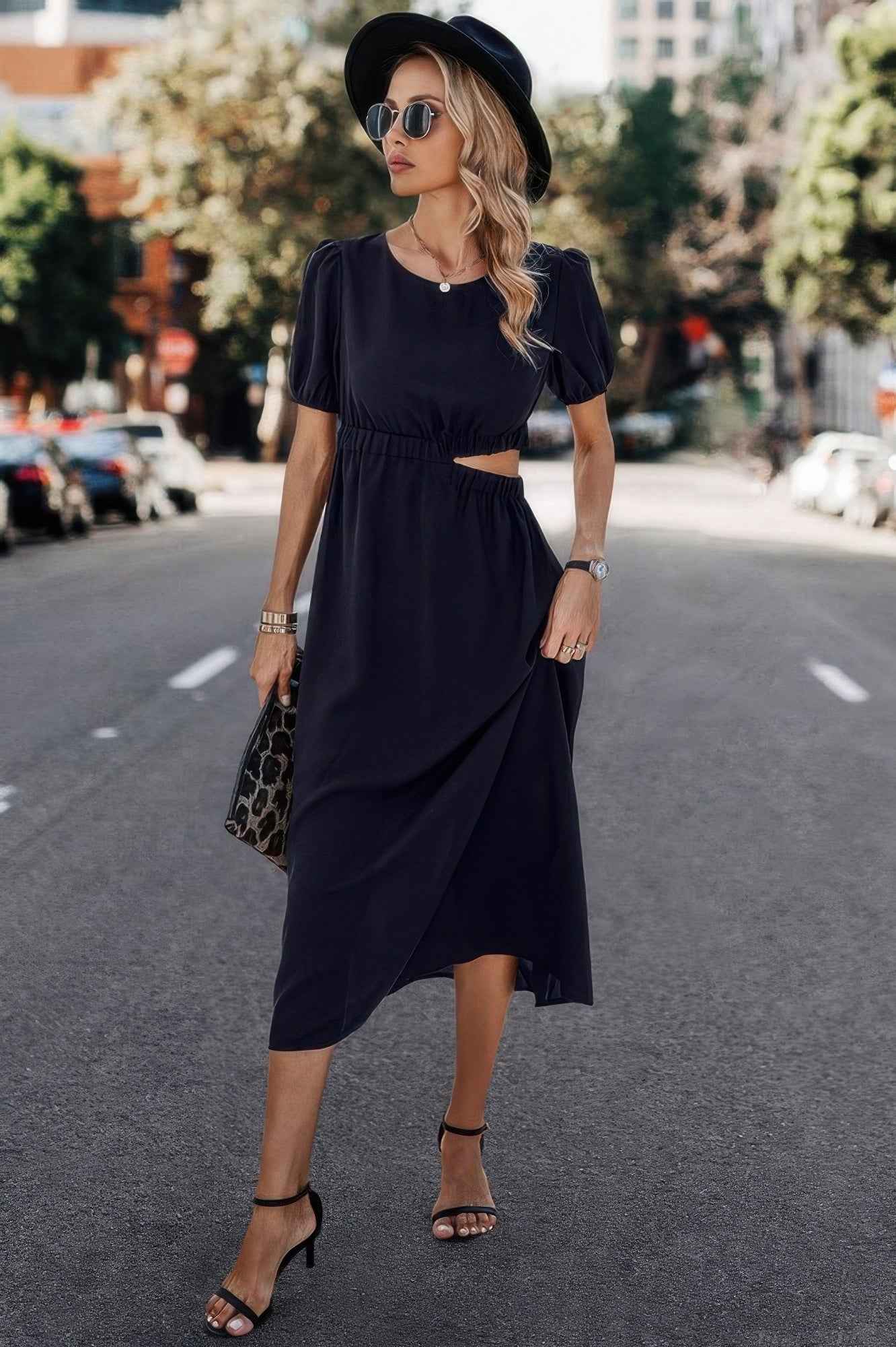Solid Round Neck Cutout Waist A Line Midi Dress