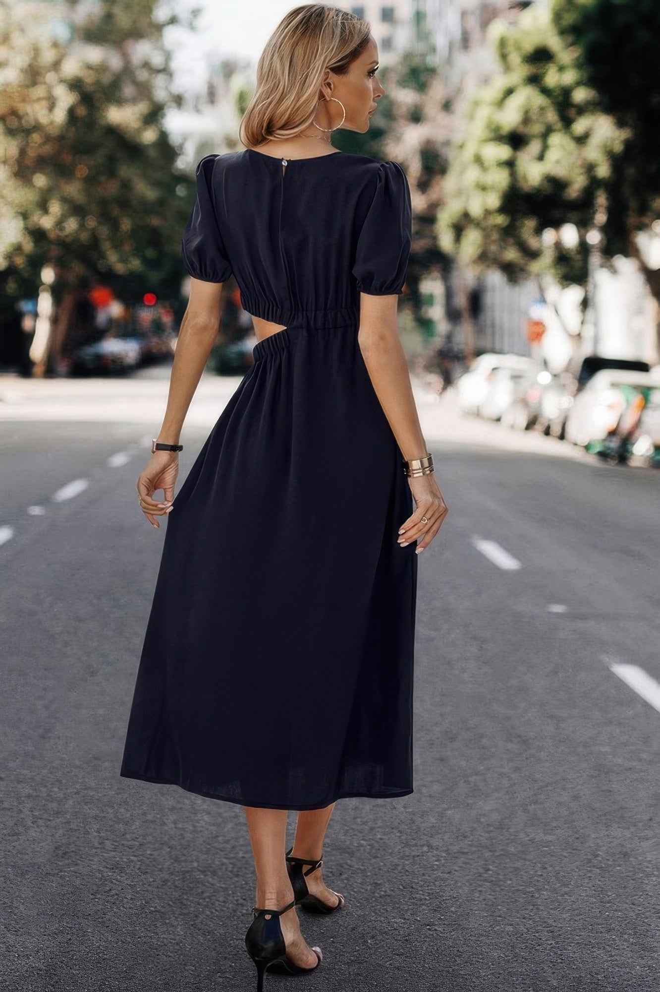 Solid Round Neck Cutout Waist A Line Midi Dress