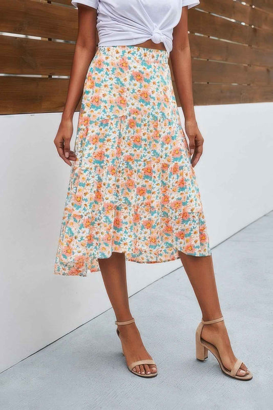 Floral Print High Waist Skirt A Line Long Skirt
