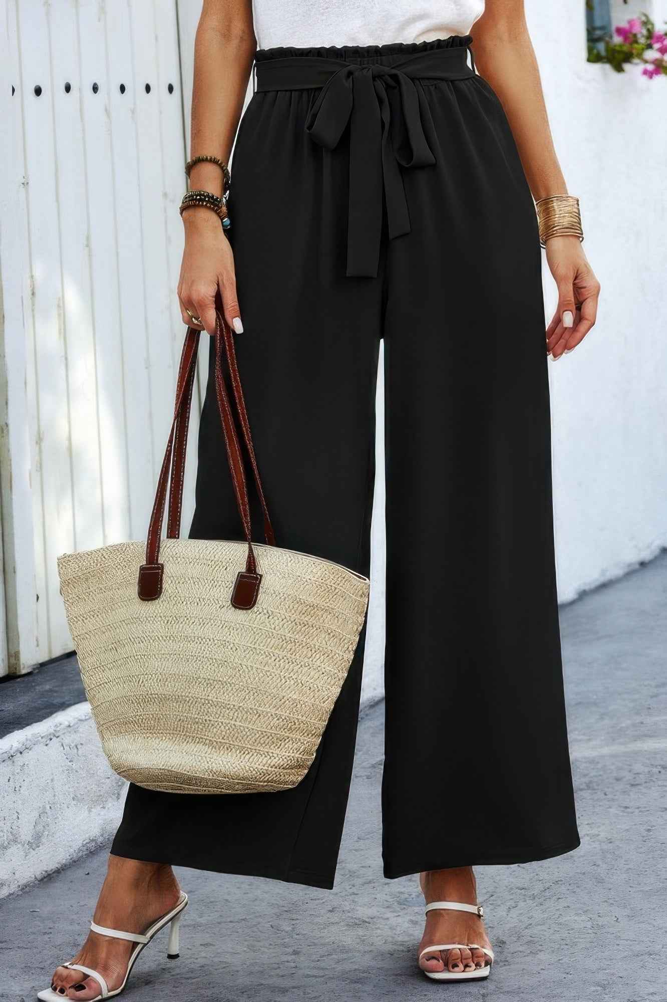 Wide Leg High Waist Tie Pockets Knot Pants