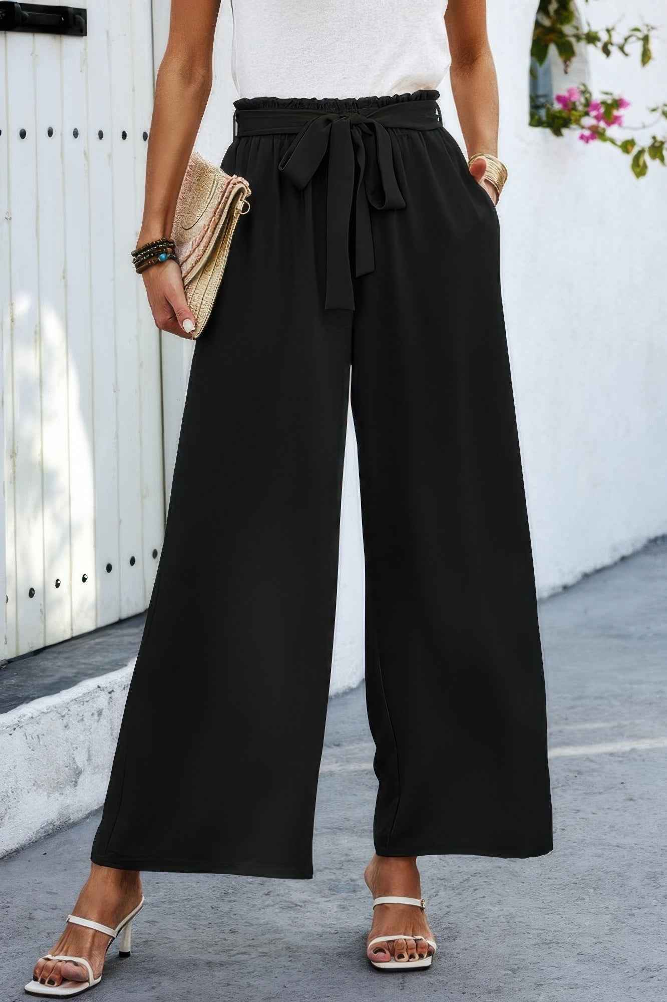 Wide Leg High Waist Tie Pockets Knot Pants