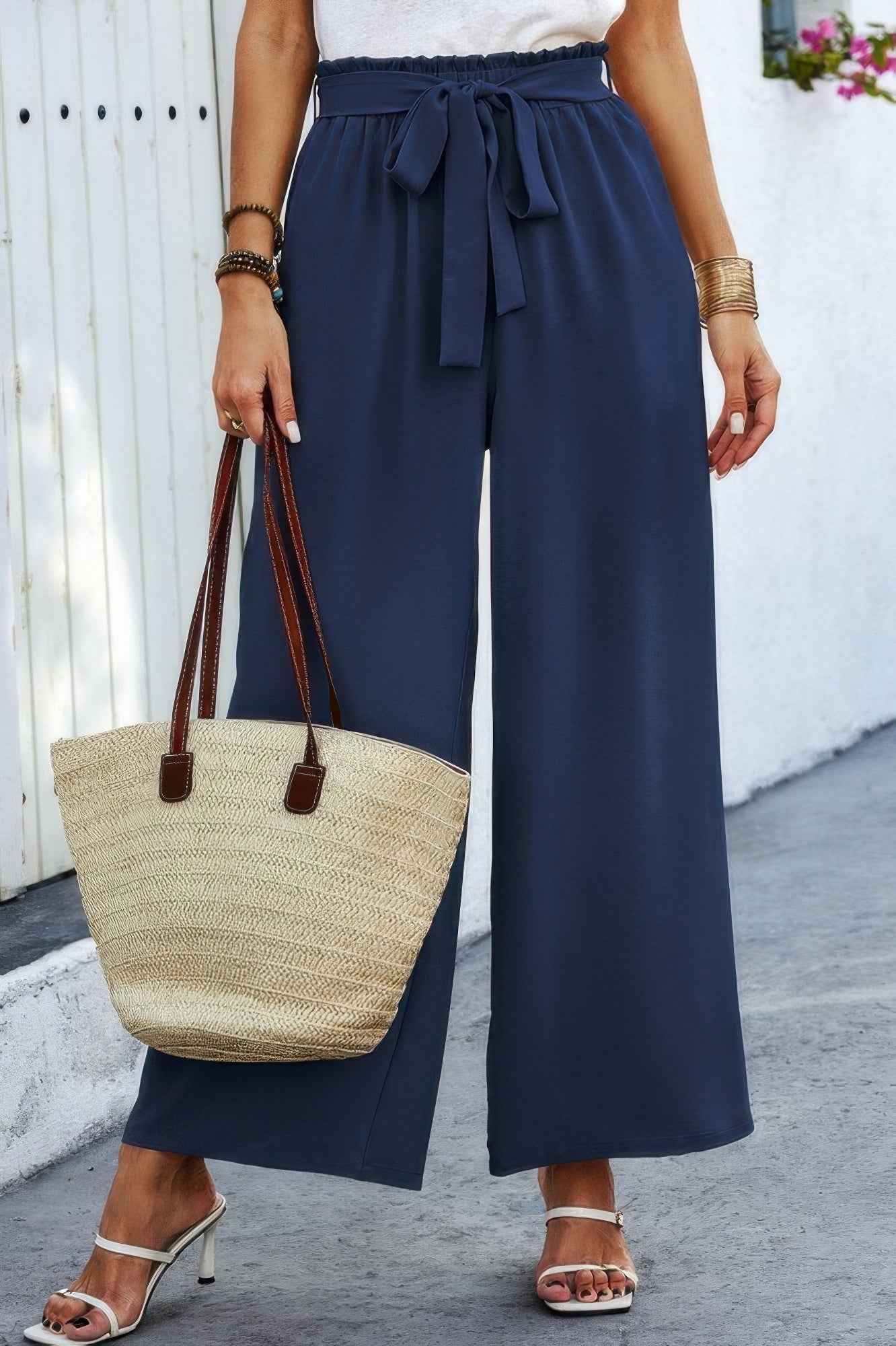 Wide Leg High Waist Tie Pockets Knot Pants