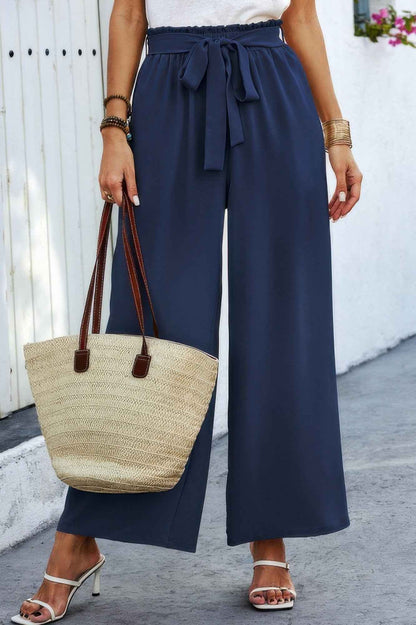 Wide Leg High Waist Tie Pockets Knot Pants