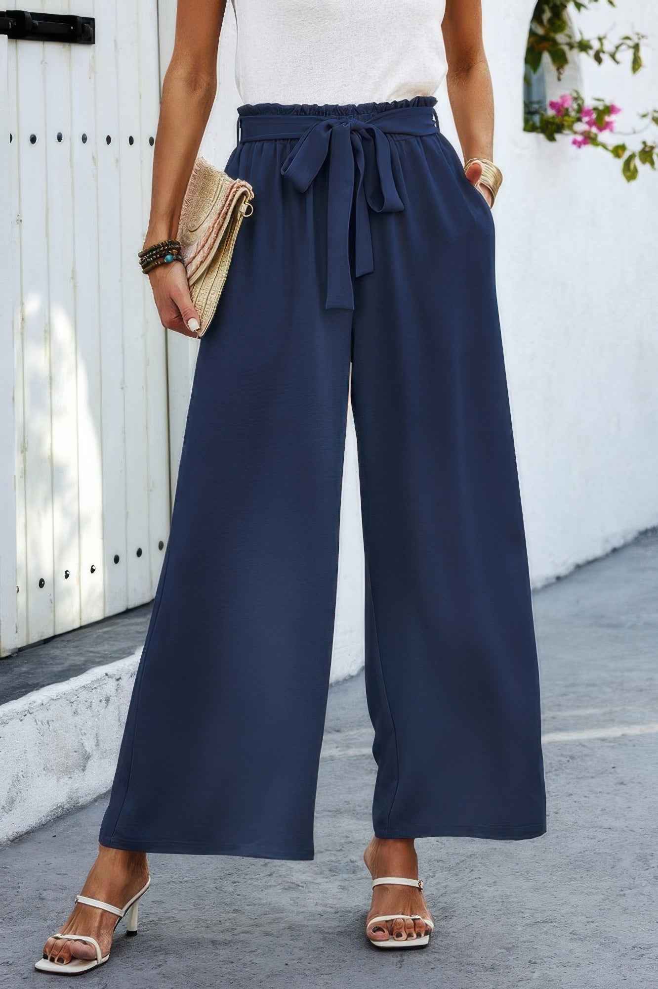 Wide Leg High Waist Tie Pockets Knot Pants