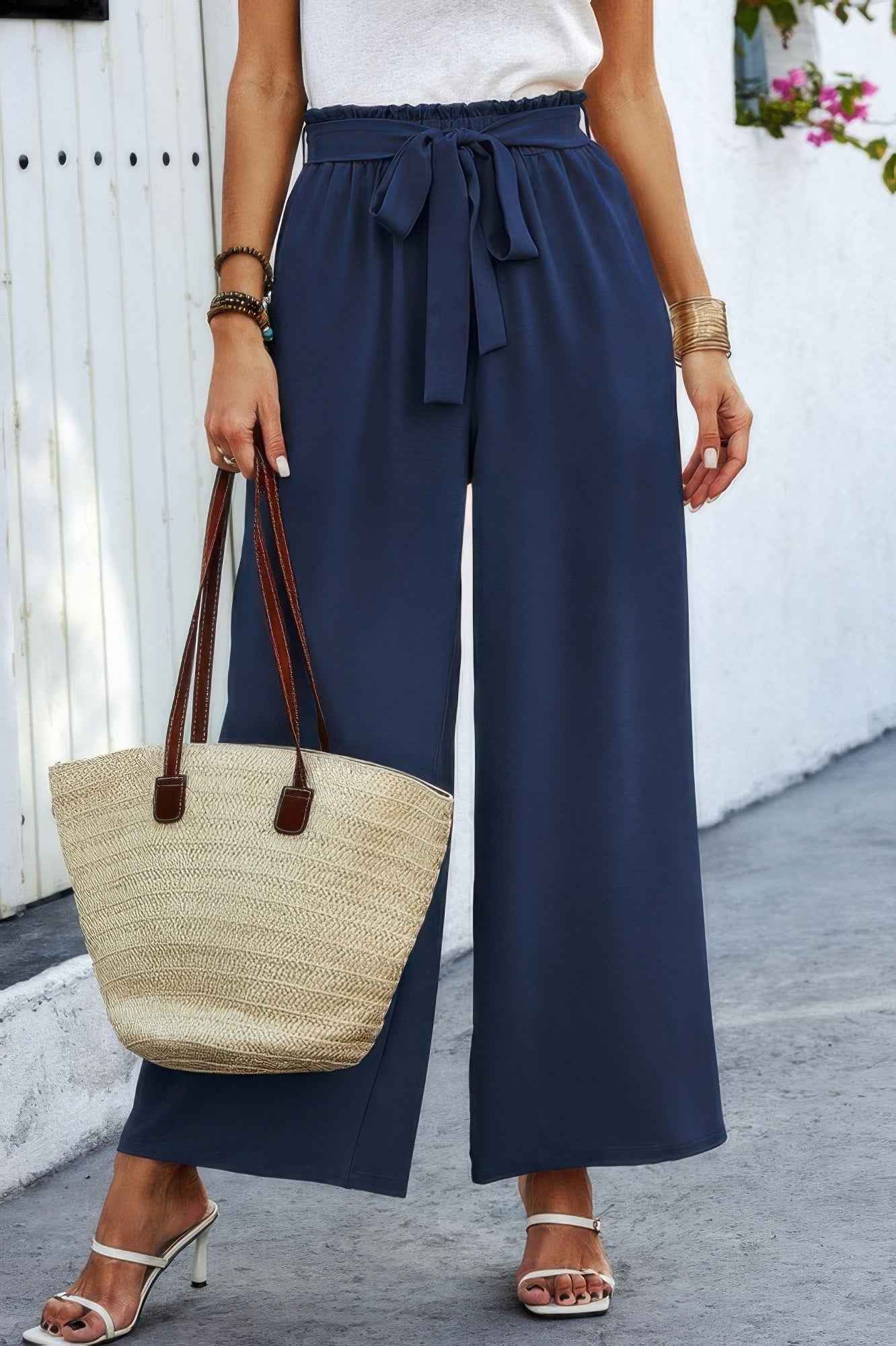 Wide Leg High Waist Tie Pockets Knot Pants