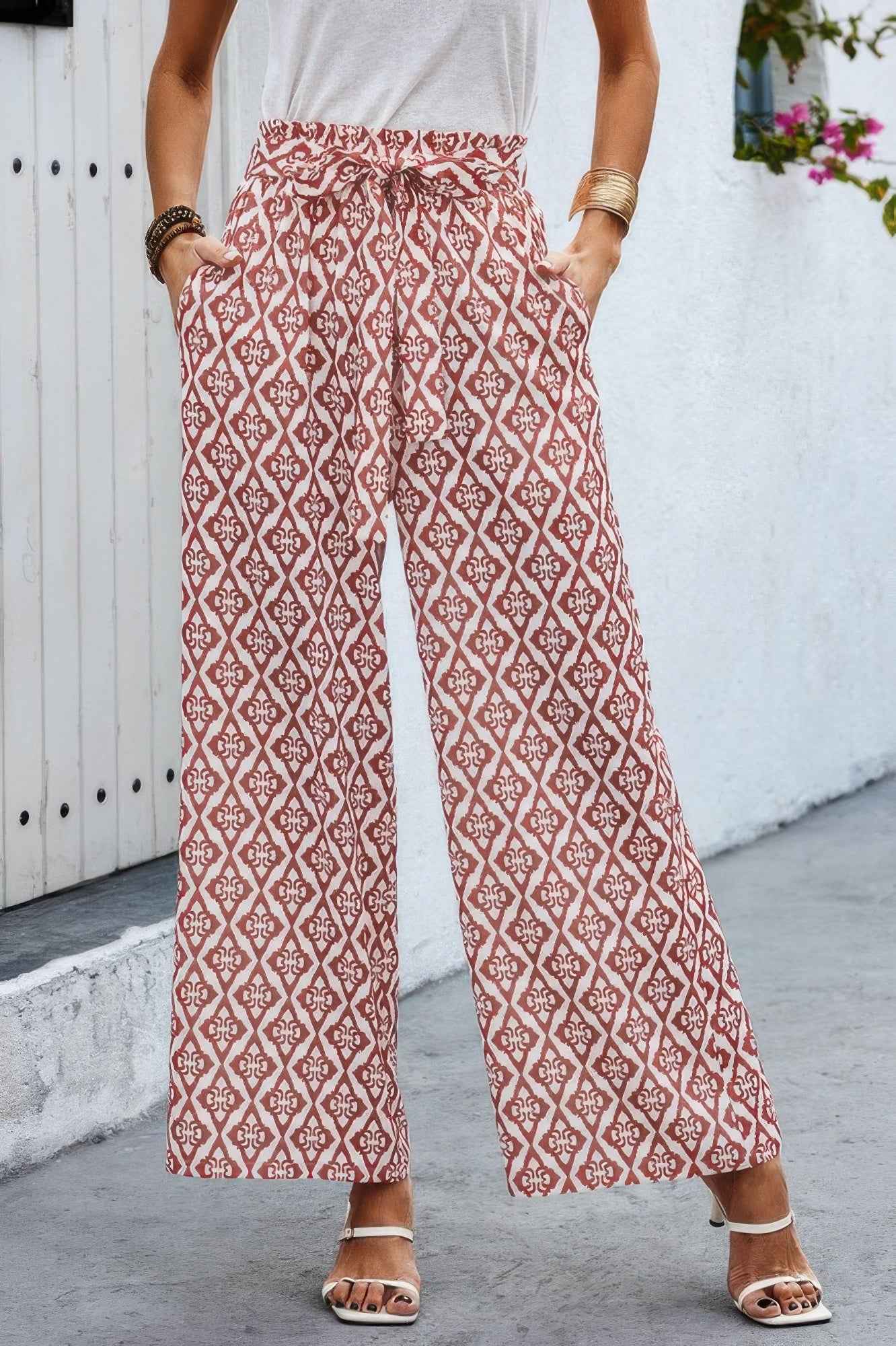 Wide Leg High Waist Tie Pockets Knot Pants
