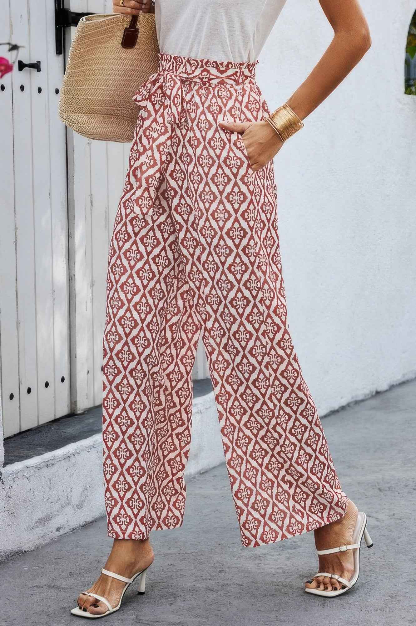 Wide Leg High Waist Tie Pockets Knot Pants
