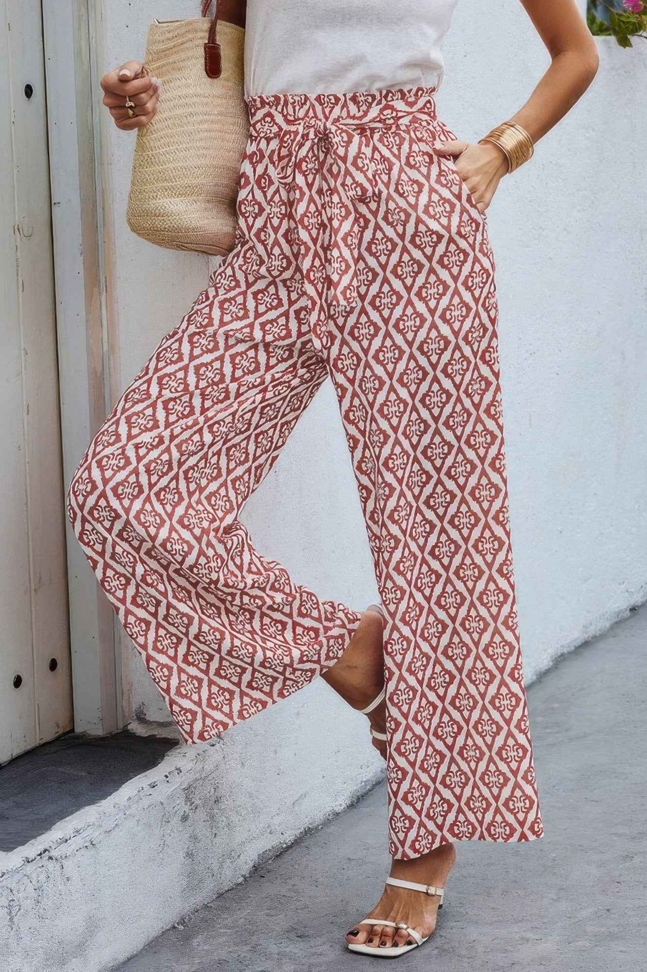 Wide Leg High Waist Tie Pockets Knot Pants
