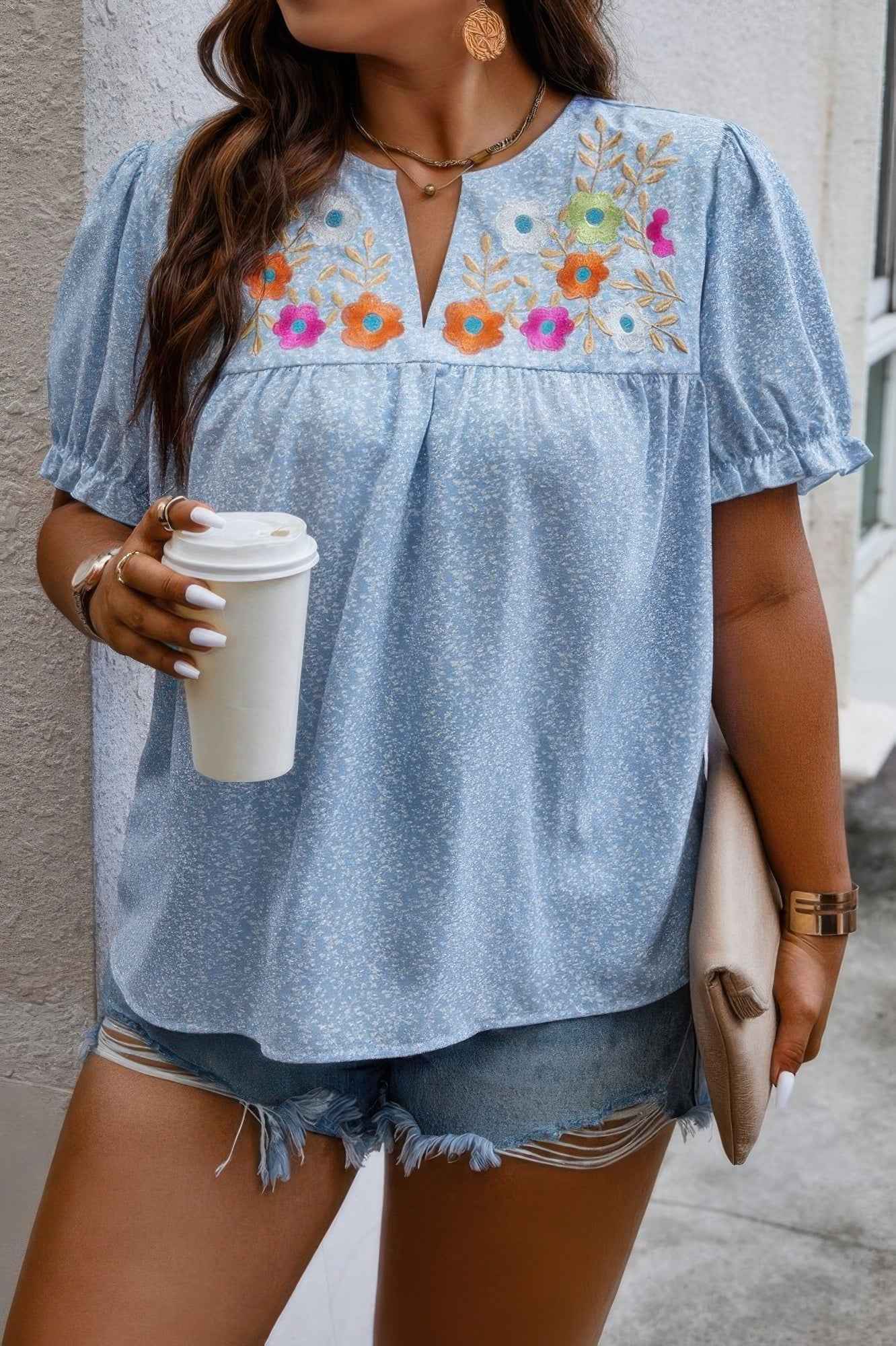 Plus Boho Flower Decoration Loose V Neck Shirt