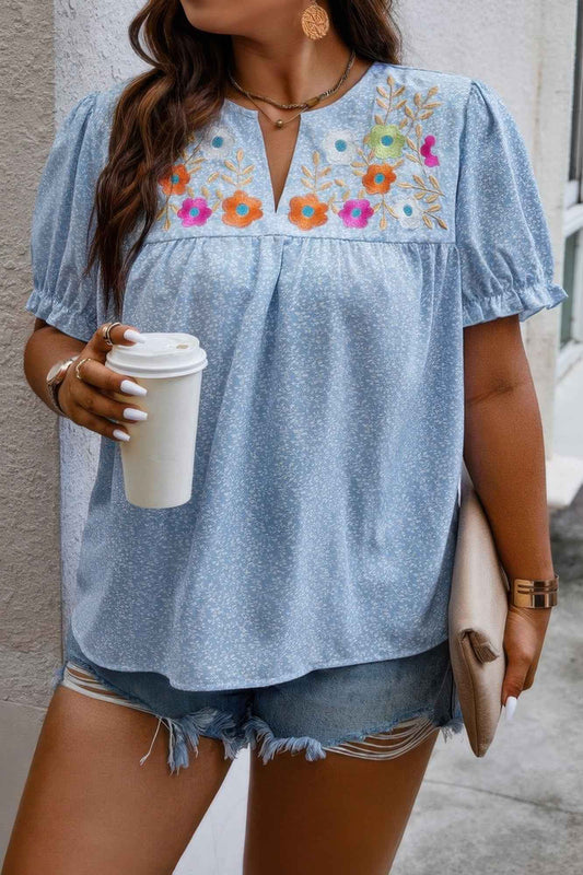 Plus Boho Flower Decoration Loose V Neck Shirt