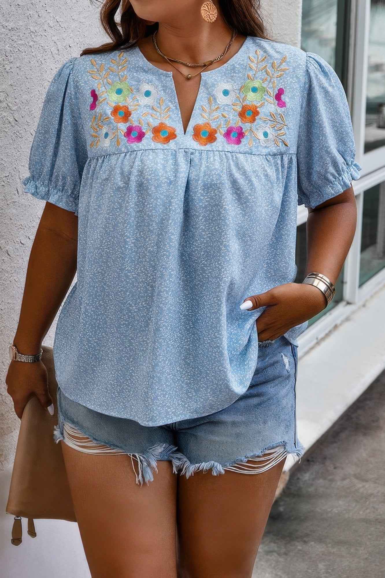 Plus Boho Flower Decoration Loose V Neck Shirt