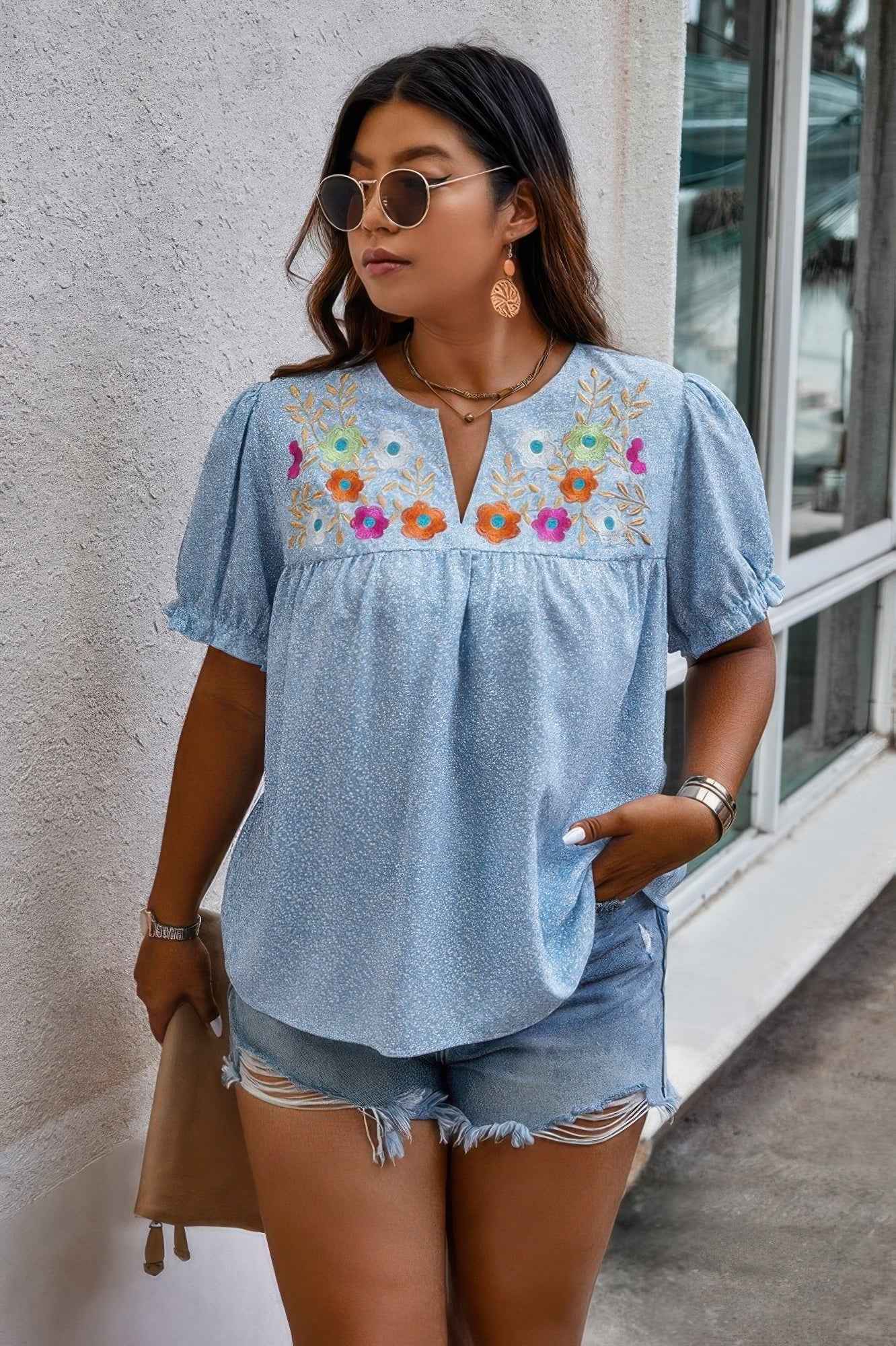 Plus Boho Flower Decoration Loose V Neck Shirt
