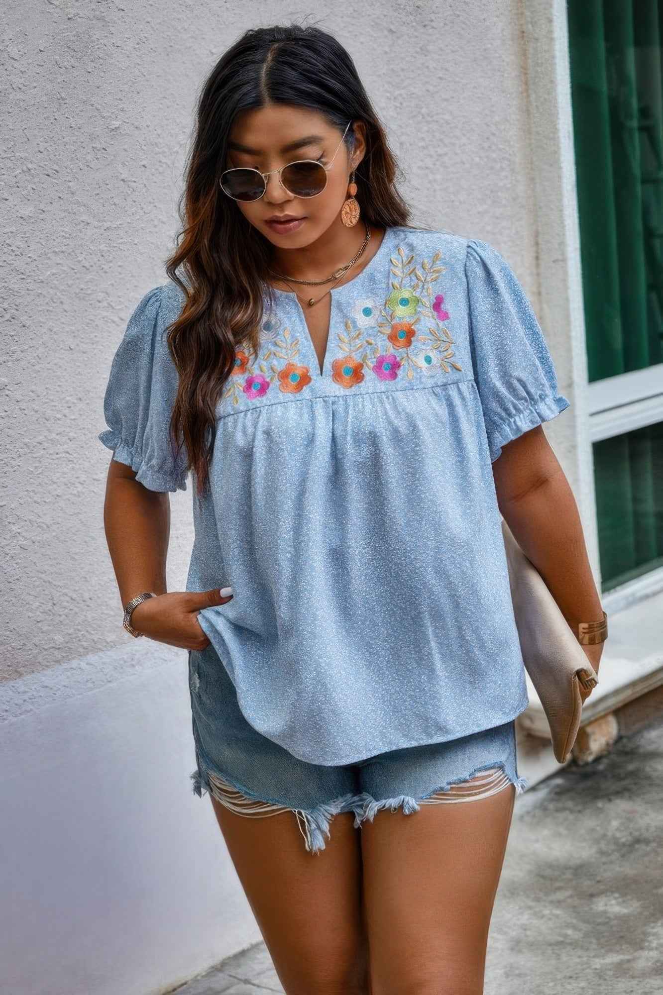 Plus Boho Flower Decoration Loose V Neck Shirt