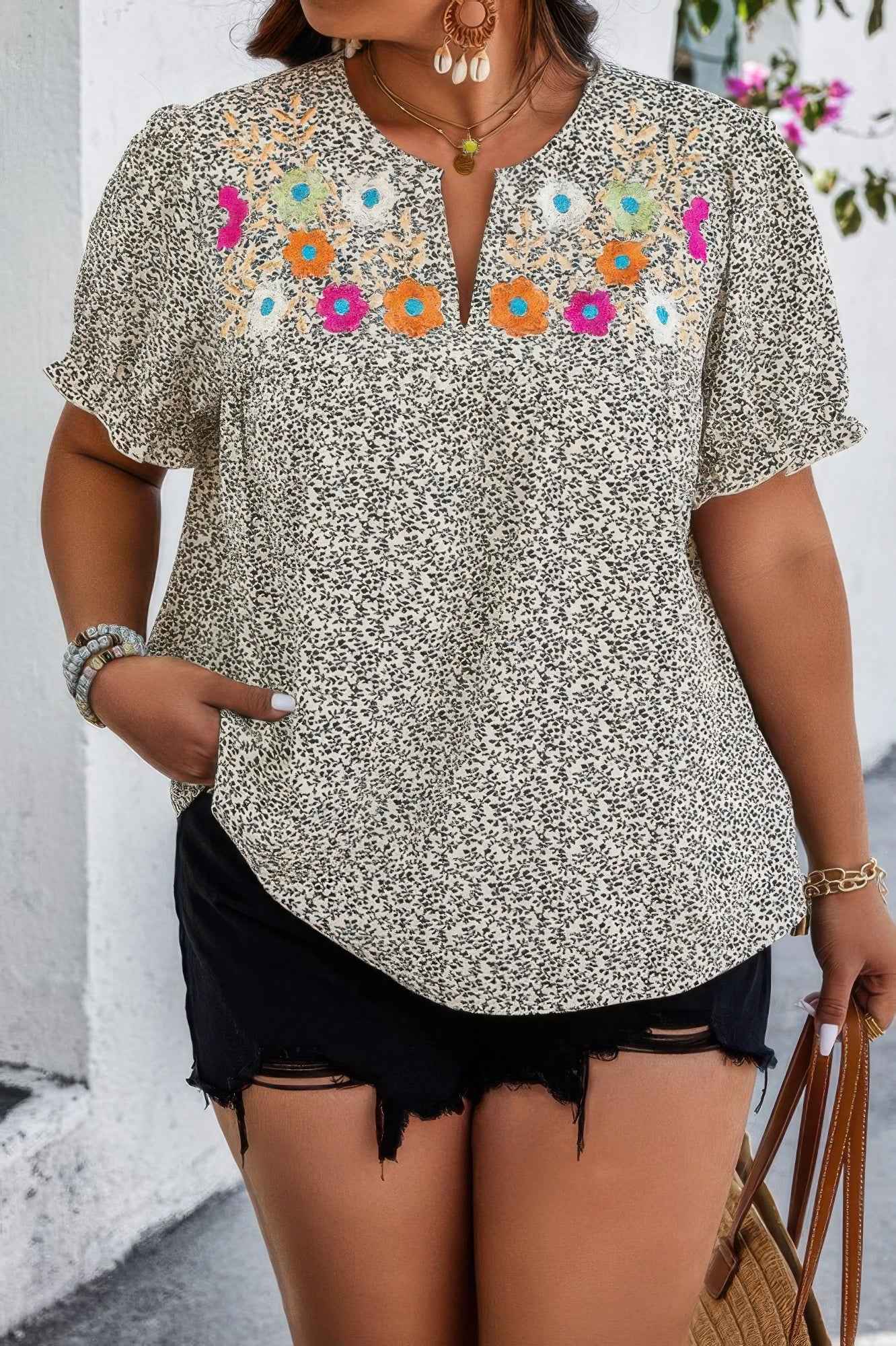 Plus Boho Flower Decoration Loose V Neck Shirt