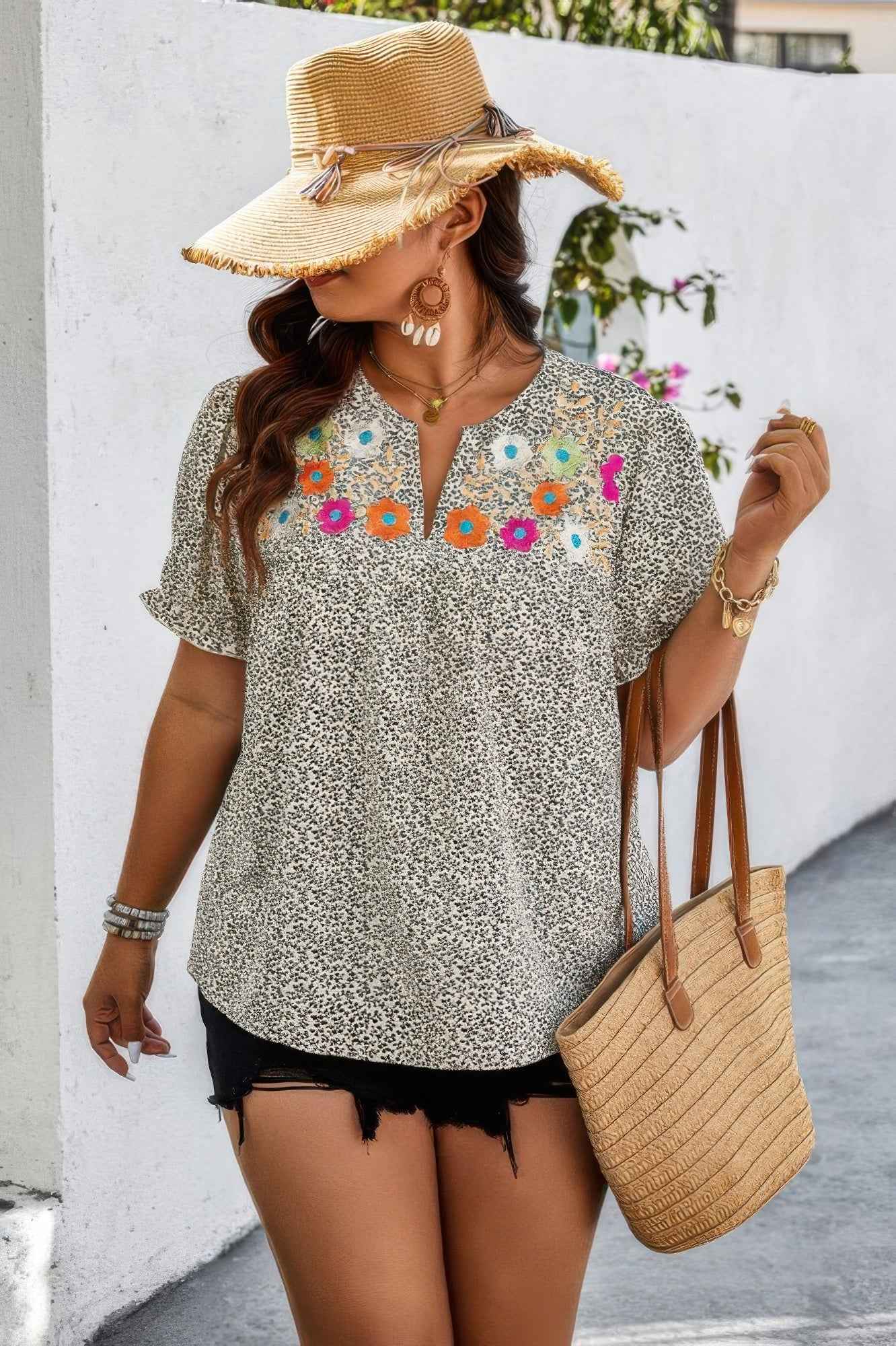 Plus Boho Flower Decoration Loose V Neck Shirt