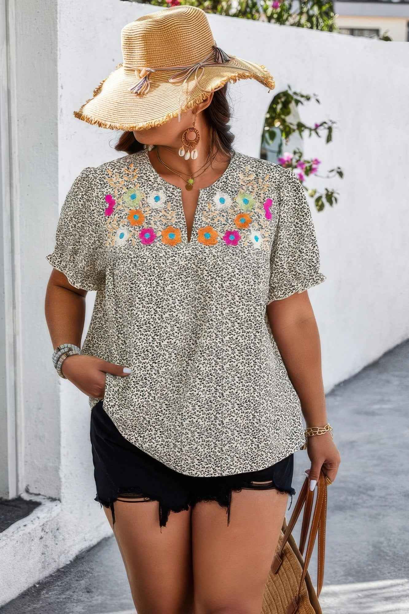 Plus Boho Flower Decoration Loose V Neck Shirt