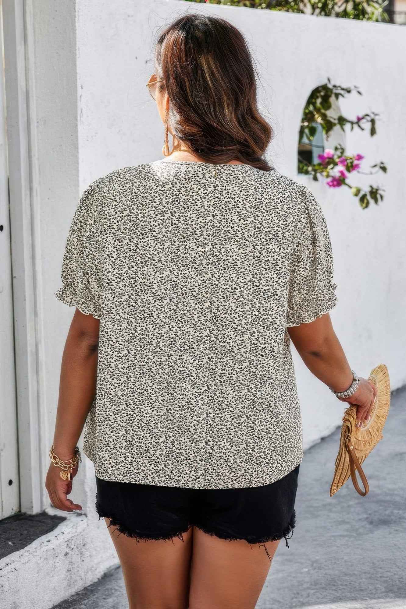 Plus Boho Flower Decoration Loose V Neck Shirt