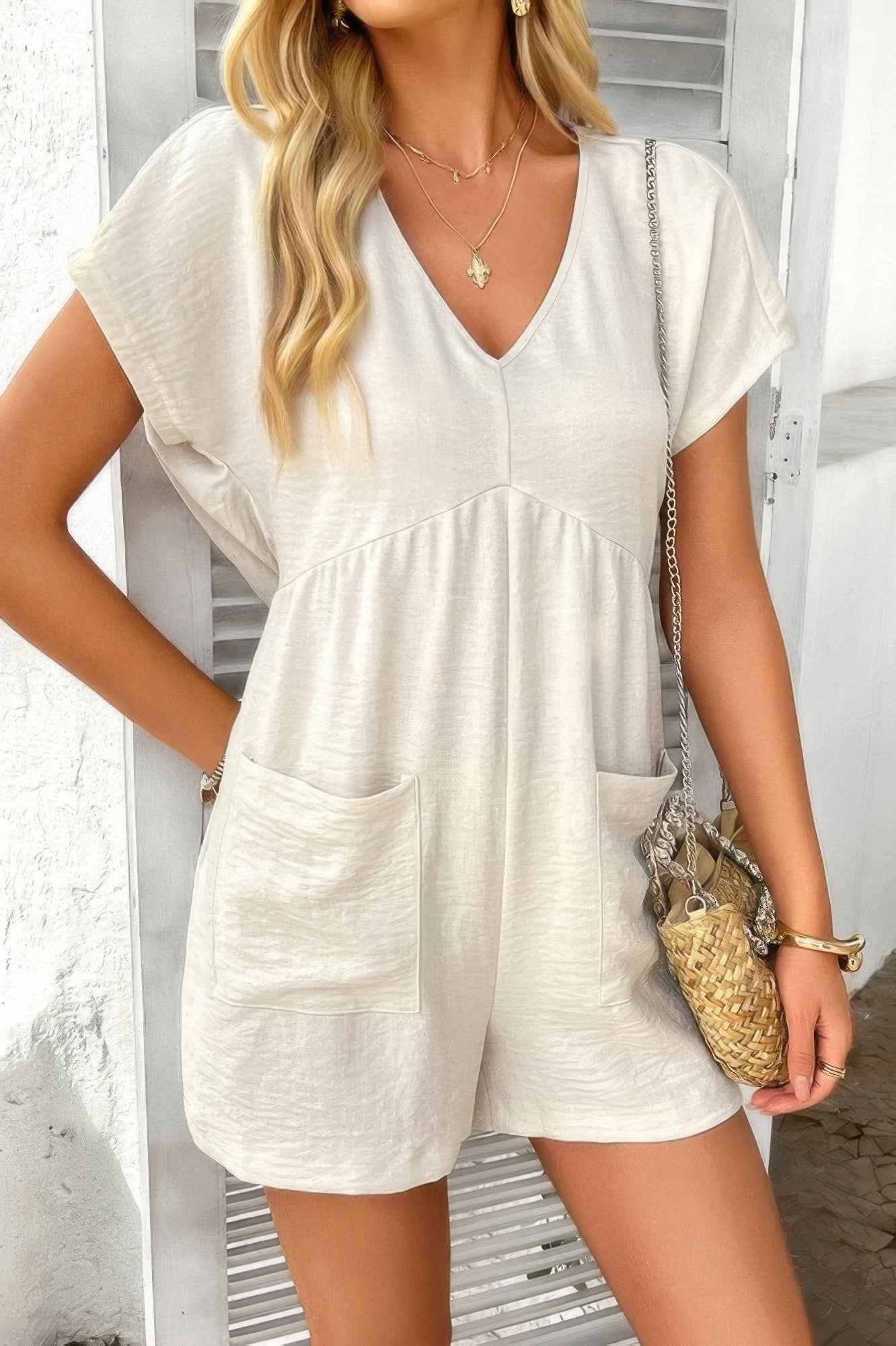Solid Deep V Neck Drop Shoulder Loose Pockets Romper