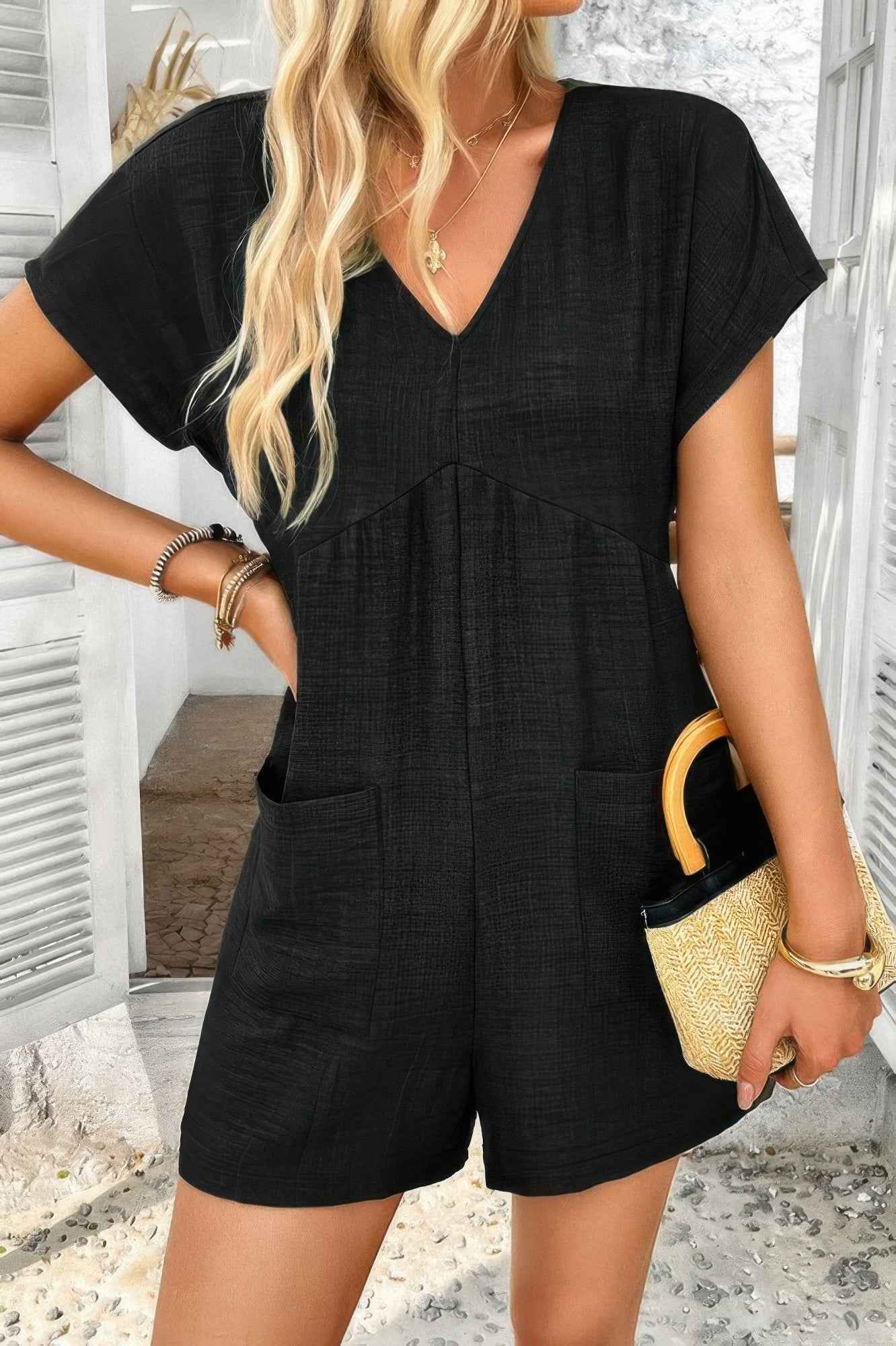 Solid Deep V Neck Drop Shoulder Loose Pockets Romper