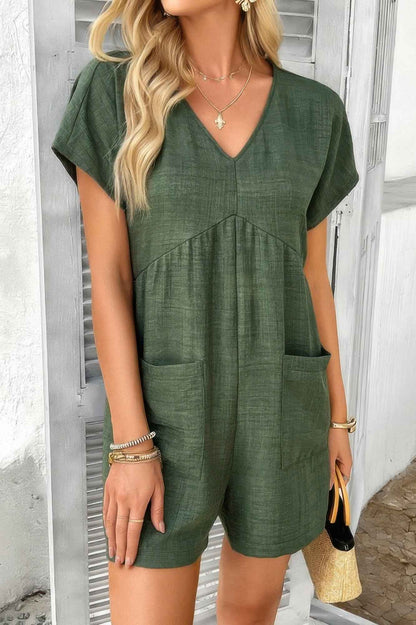 Solid Deep V Neck Drop Shoulder Loose Pockets Romper