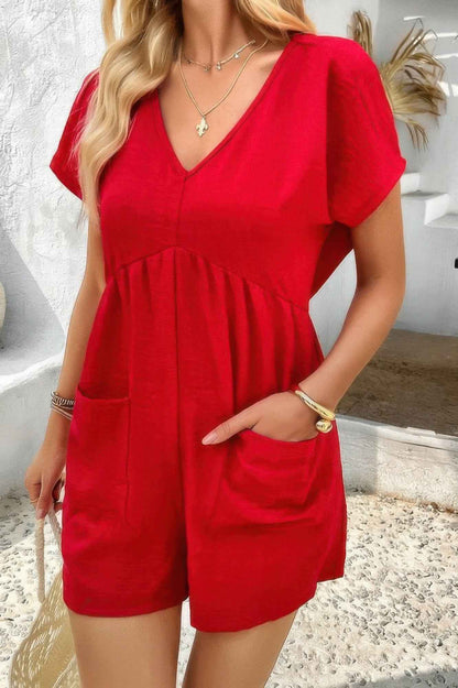 Solid Deep V Neck Drop Shoulder Loose Pockets Romper