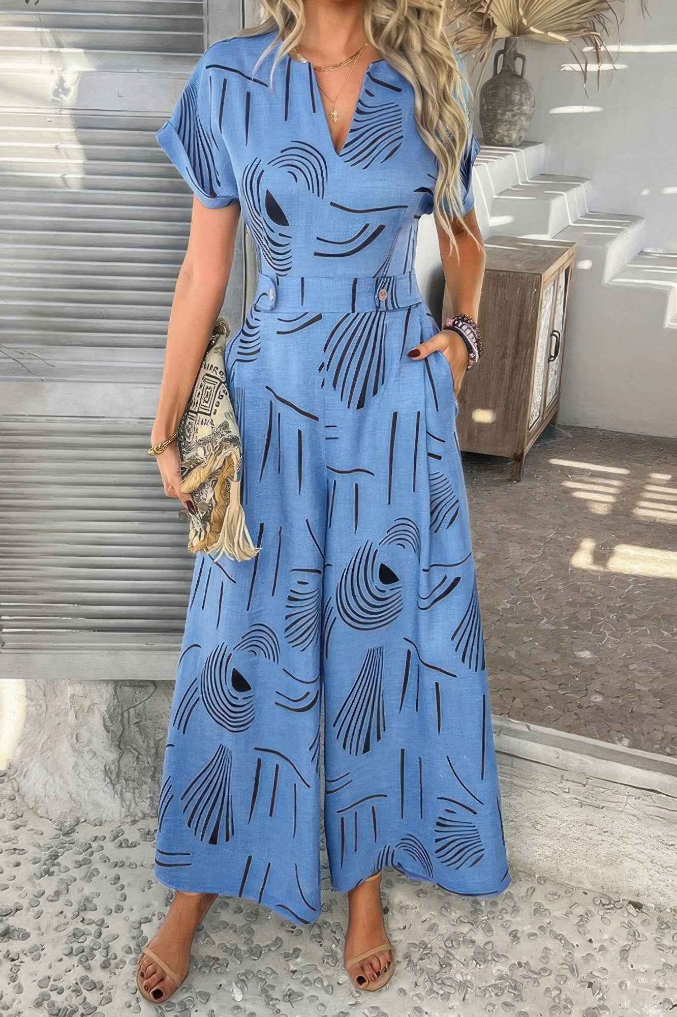 Allover Print V Neck Tie Waist Pockets Jumpsuit