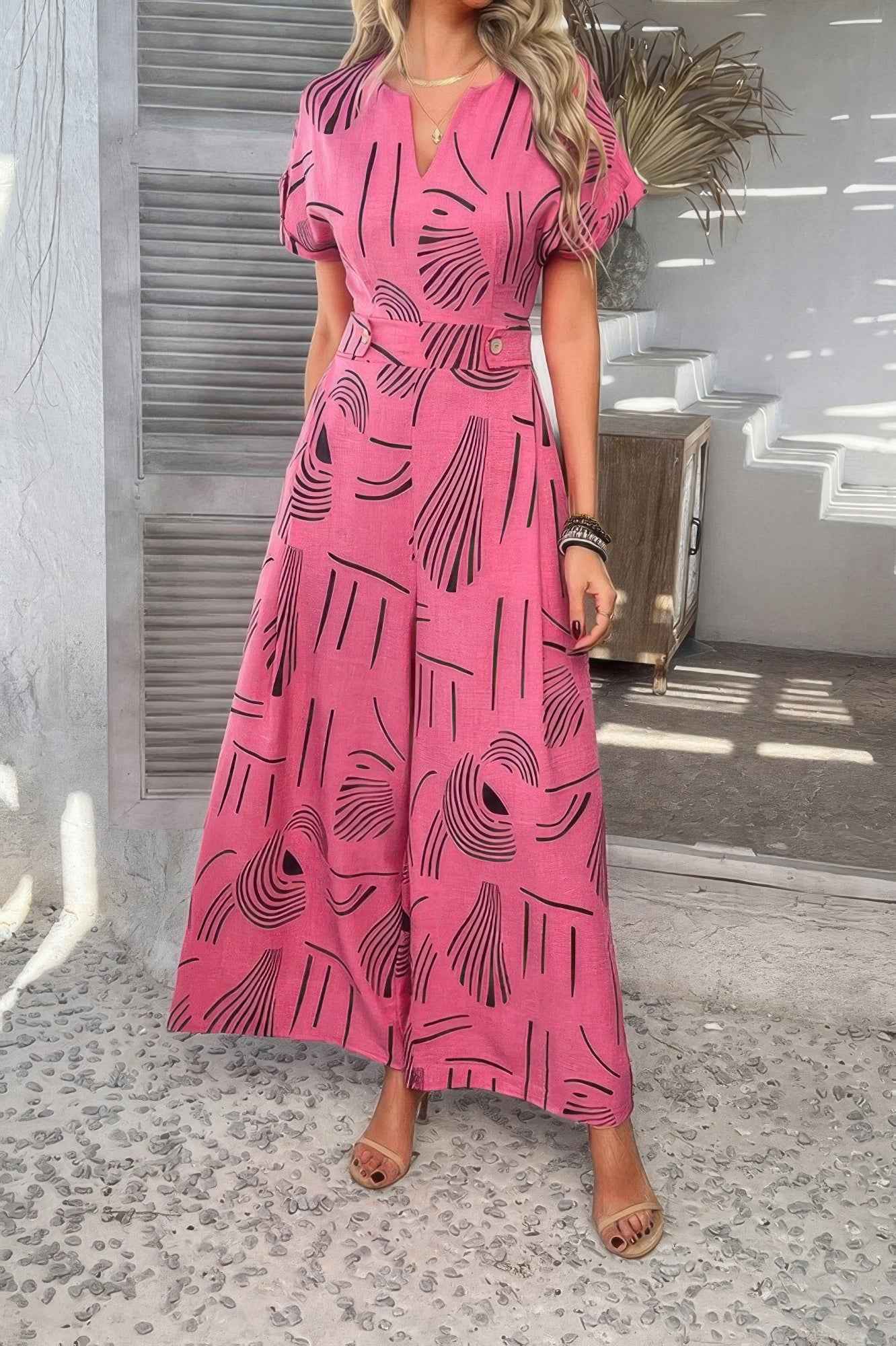 Allover Print V Neck Tie Waist Pockets Jumpsuit