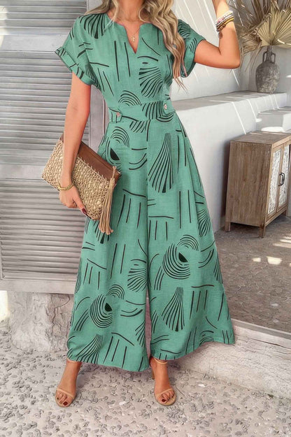 Allover Print V Neck Tie Waist Pockets Jumpsuit