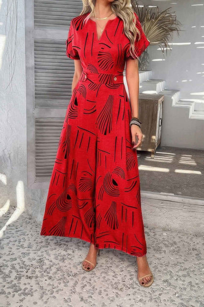 Allover Print V Neck Tie Waist Pockets Jumpsuit