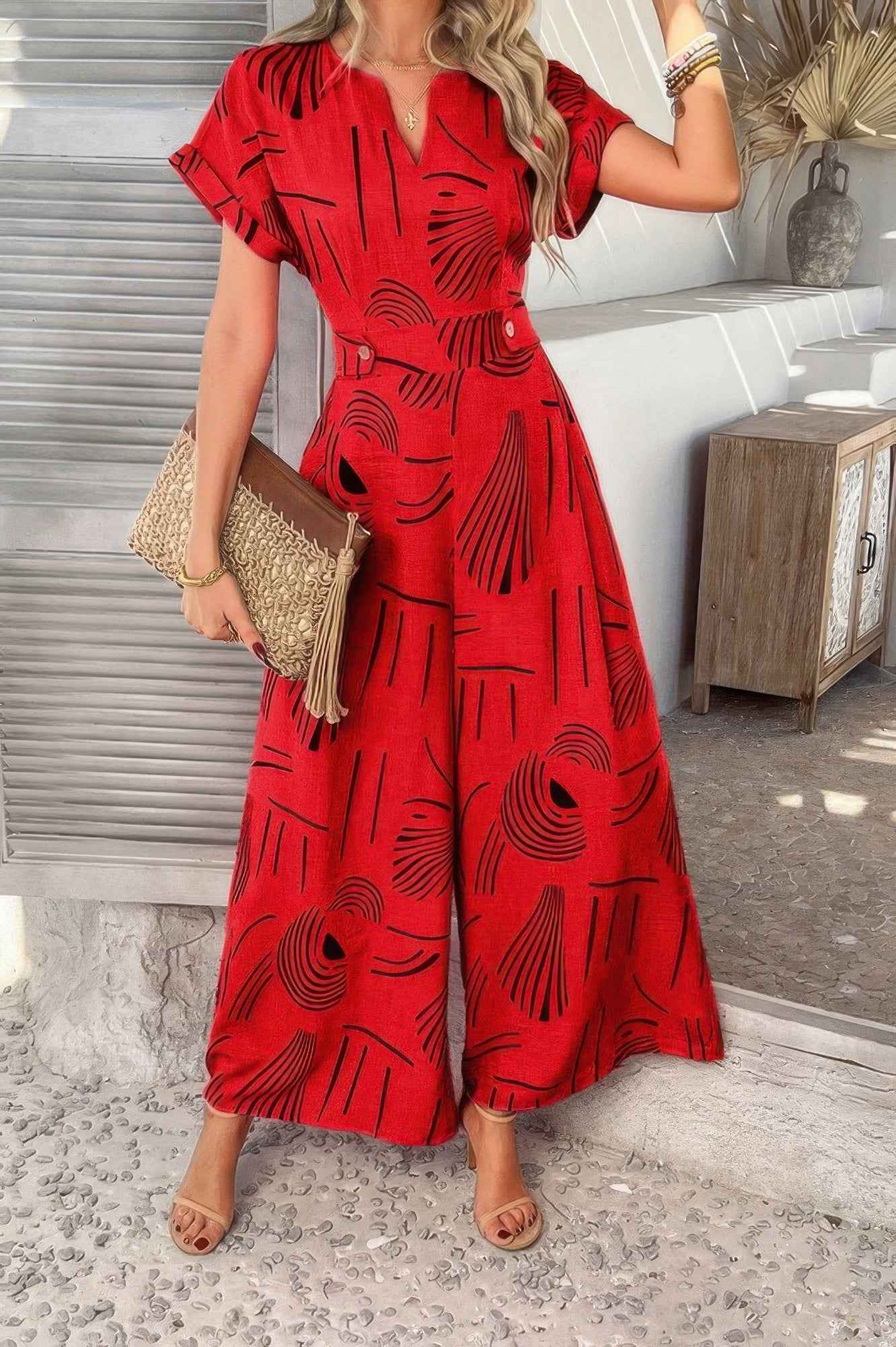 Allover Print V Neck Tie Waist Pockets Jumpsuit