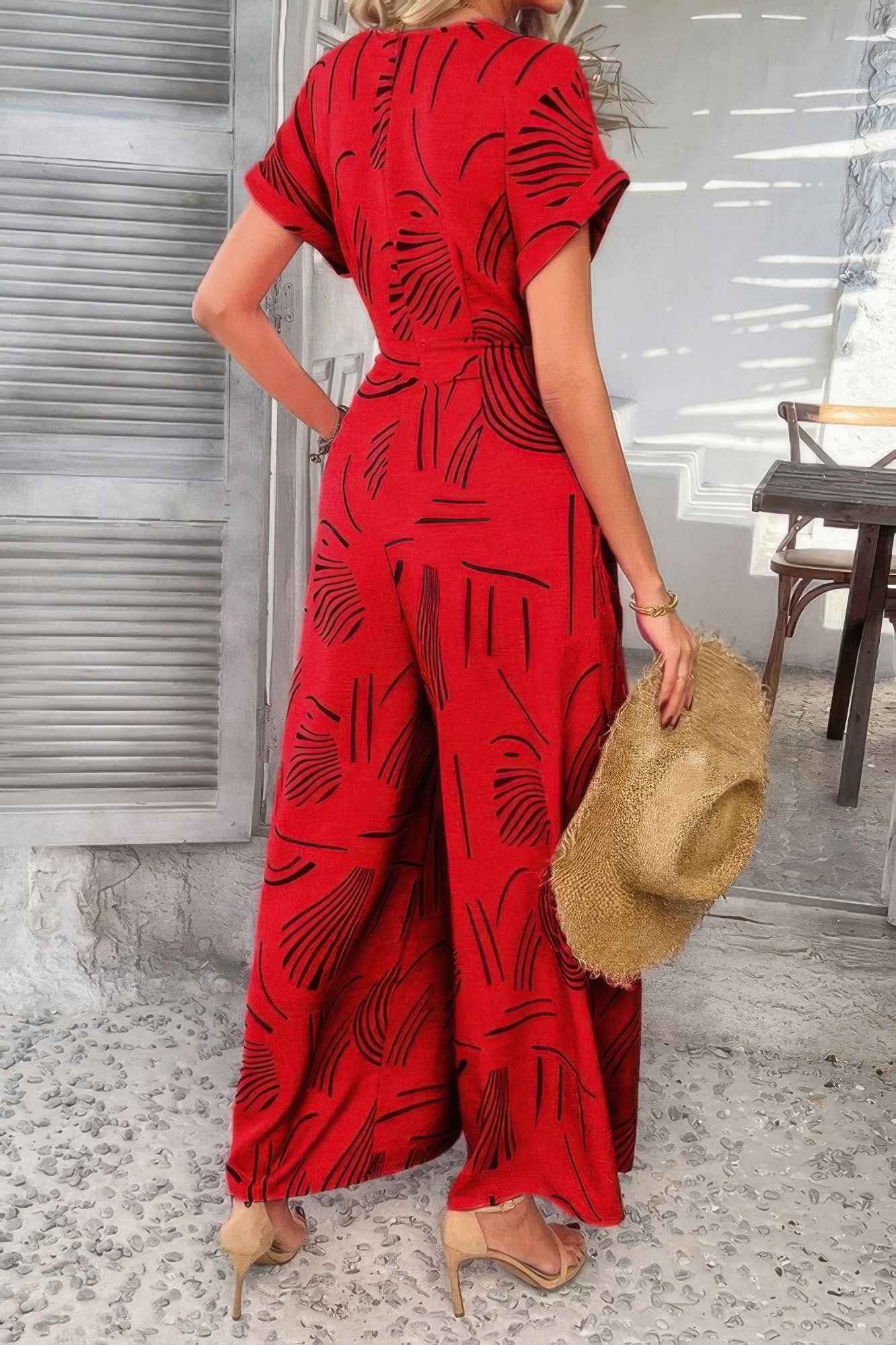 Allover Print V Neck Tie Waist Pockets Jumpsuit