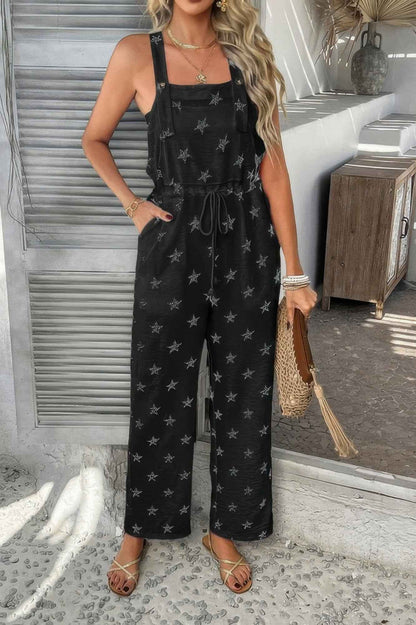 Star Print Button Tie Pockets Drawstring Jumpsuit