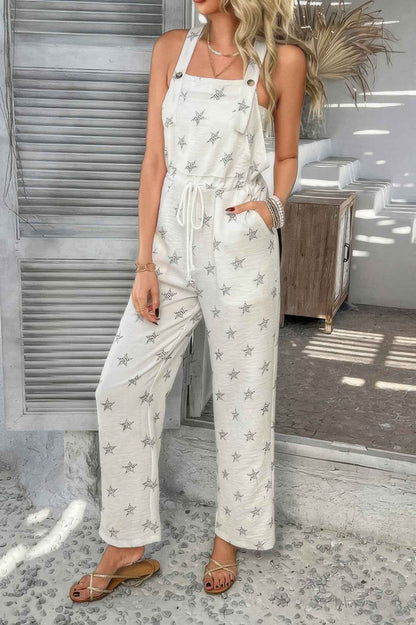 Star Print Button Tie Pockets Drawstring Jumpsuit