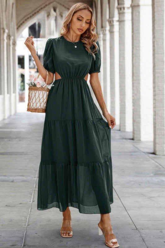 Cut Out Waist Ruffle Hem Puff Sleeves Fit Dress