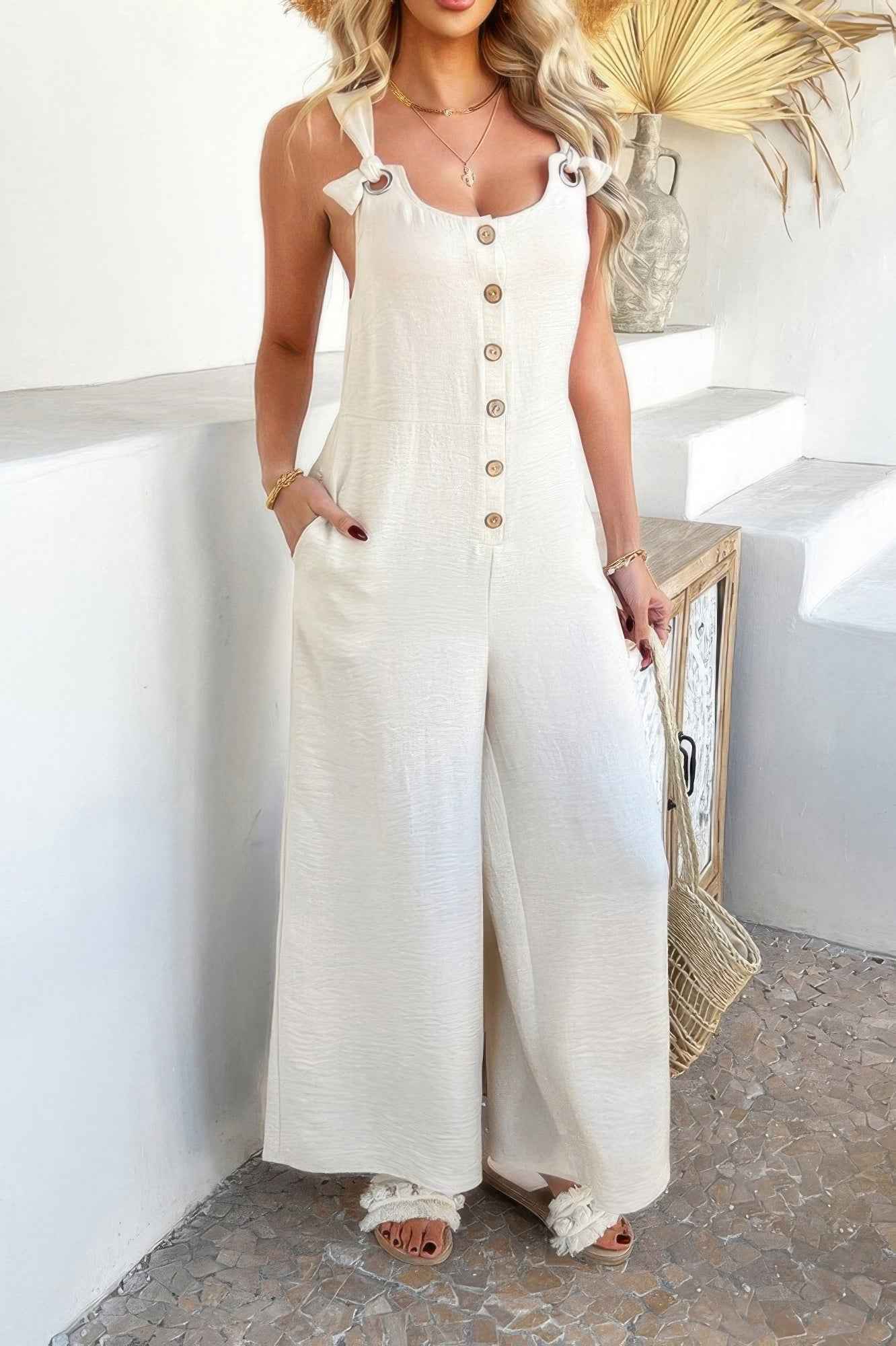 Button Front Knotted Strap Wide Leg Jumpsuit