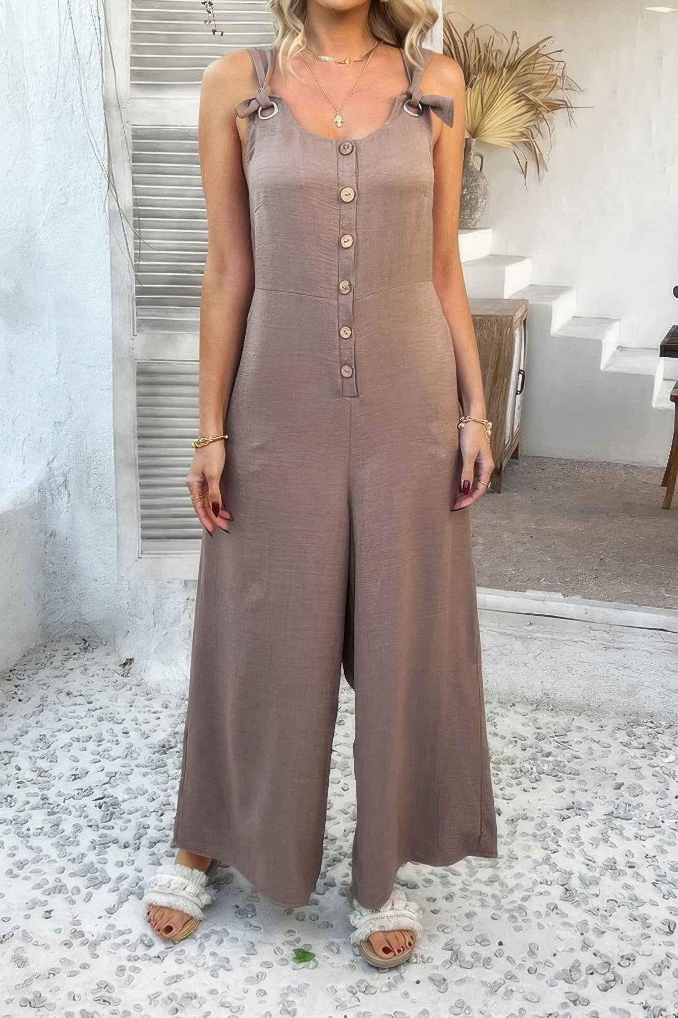 Button Front Knotted Strap Wide Leg Jumpsuit