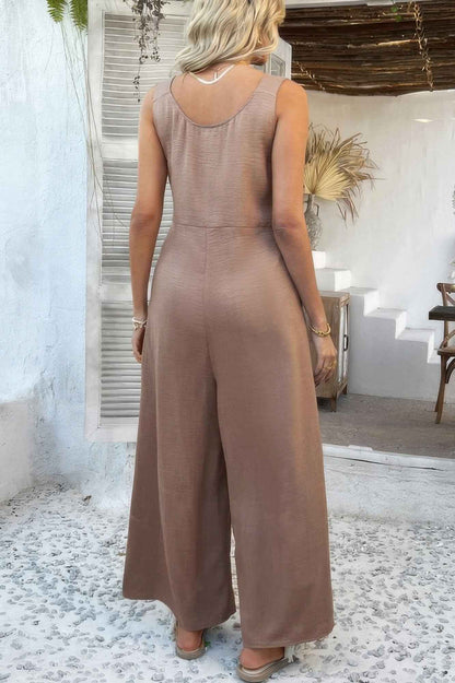 Button Front Knotted Strap Wide Leg Jumpsuit