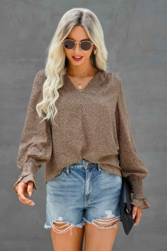 V Neck Dalmatian Print Bishop Sleeve Blouse