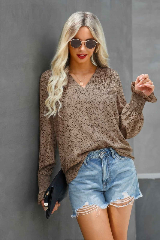 V Neck Dalmatian Print Bishop Sleeve Blouse